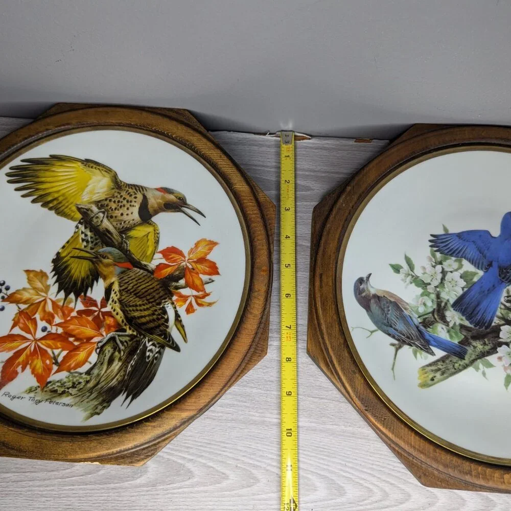Vintage Roger Tory Peterson Flickers & Bluebird Ceramic Plates Framed 24 kt Gold